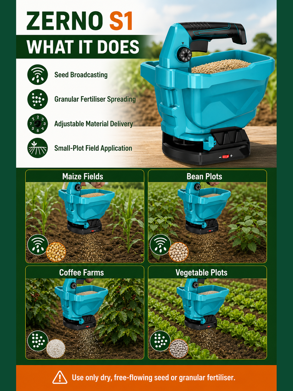 ZERNO S1 Handheld Seed & Fertilizer Spreader