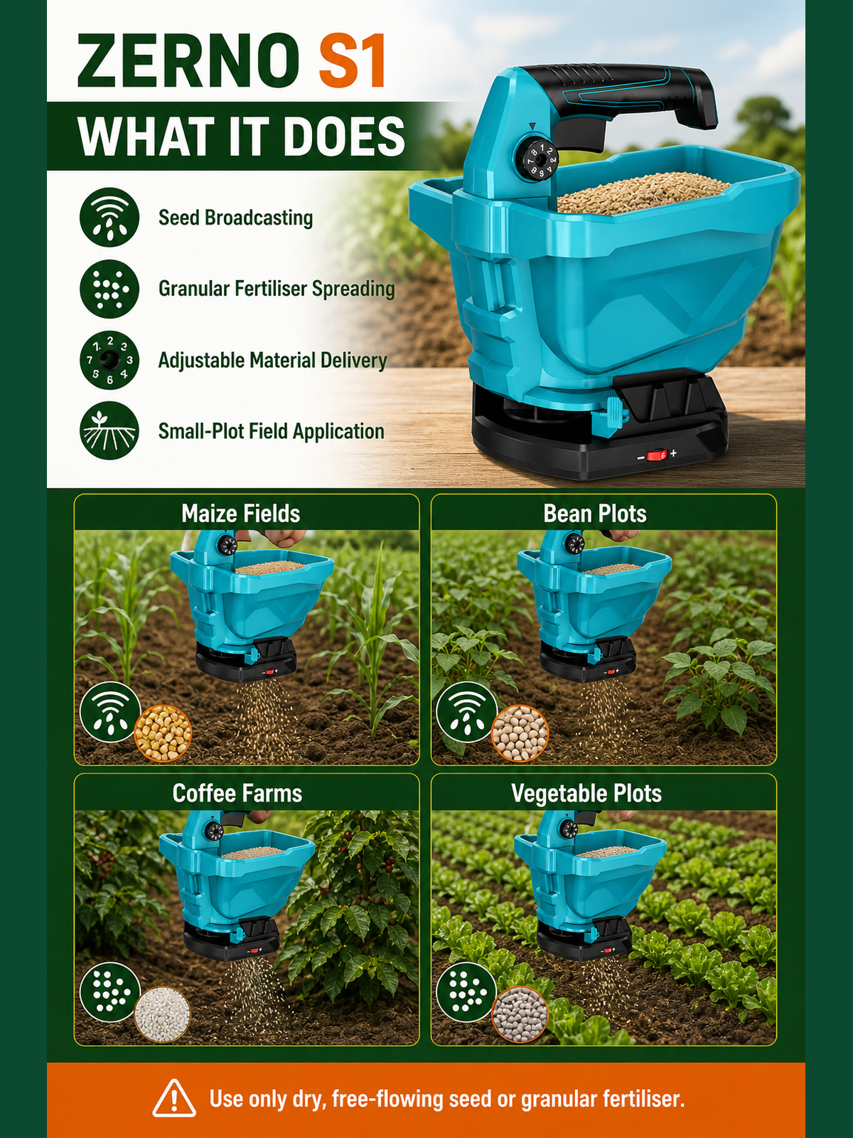 ZERNO S1 Handheld Seed & Fertilizer Spreader