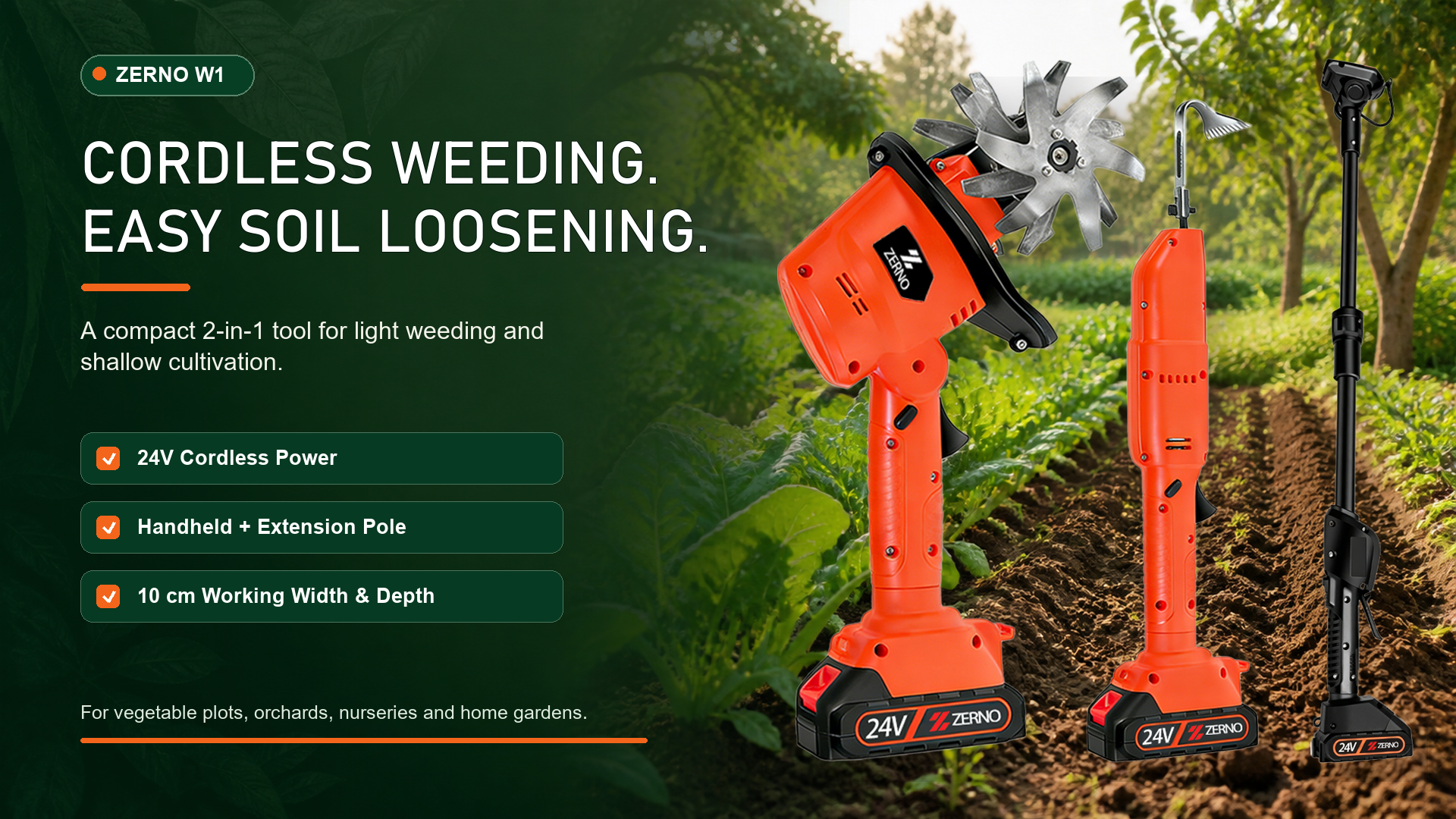ZERNO W1 Cordless Electric Weeder & Mini Cultivator Kit