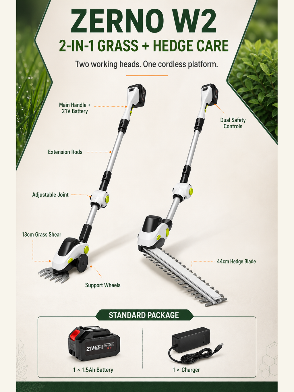 ZERNO W2 2-in-1 Grass & Hedge Trimmer