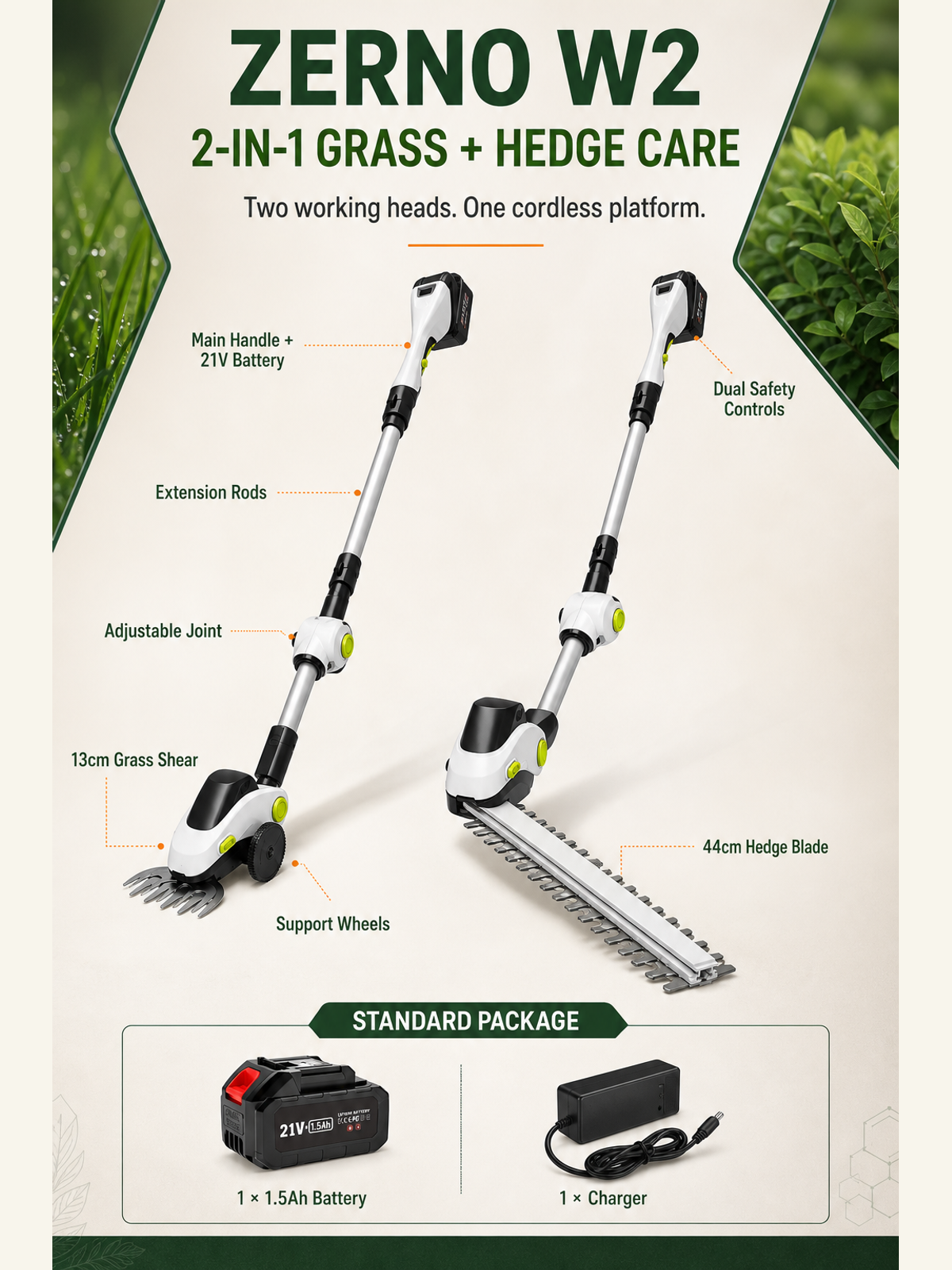 ZERNO W2 2-in-1 Grass & Hedge Trimmer