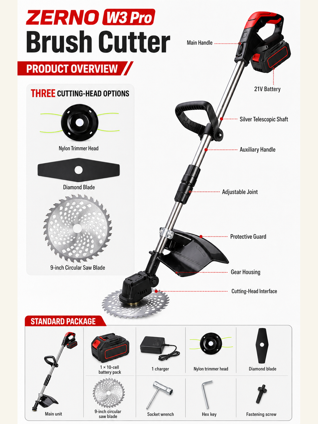 ZERNO W3 Pro Brushless Heavy-Duty Grass Trimmer