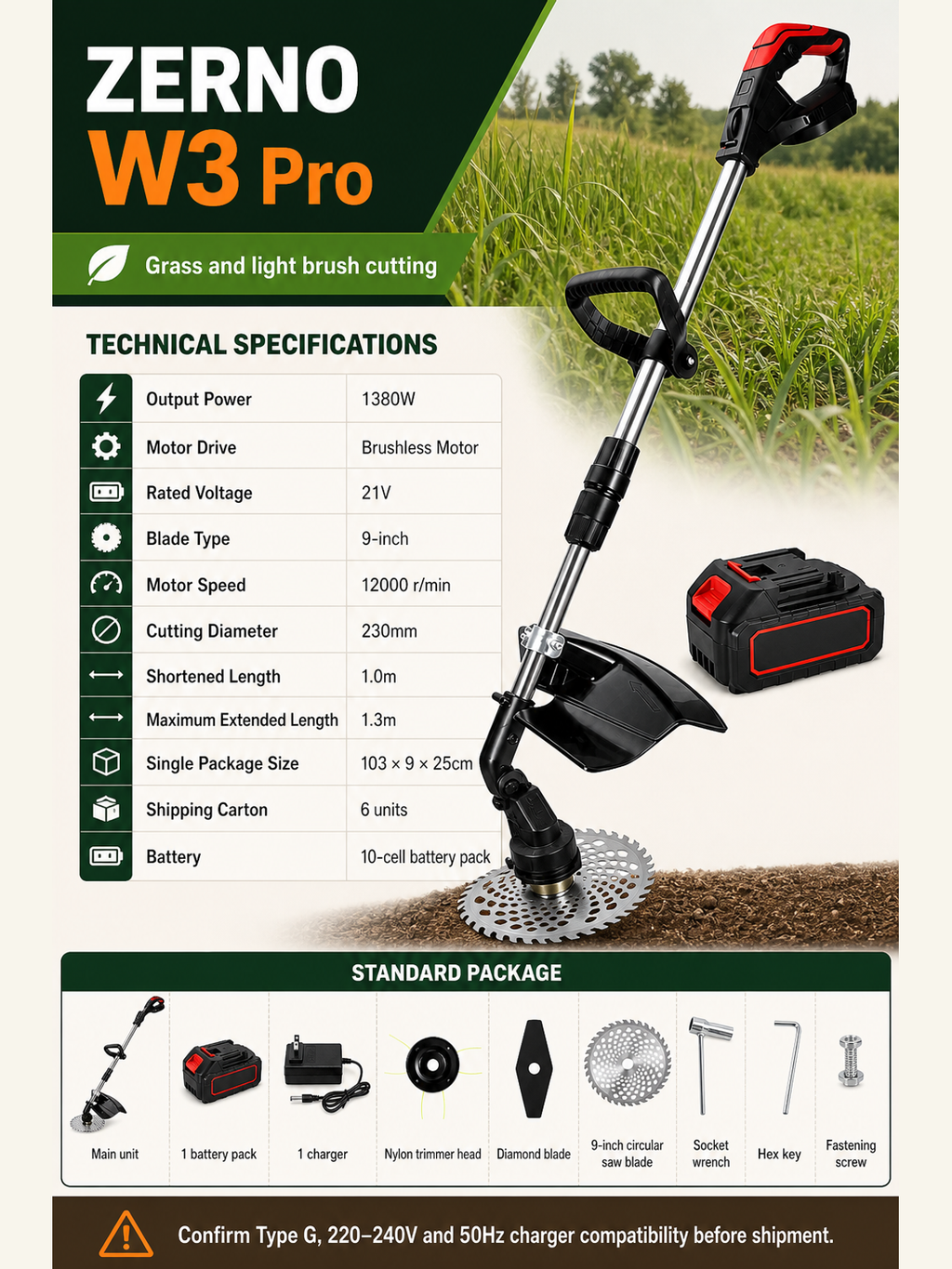 ZERNO W3 Pro Brushless Heavy-Duty Grass Trimmer