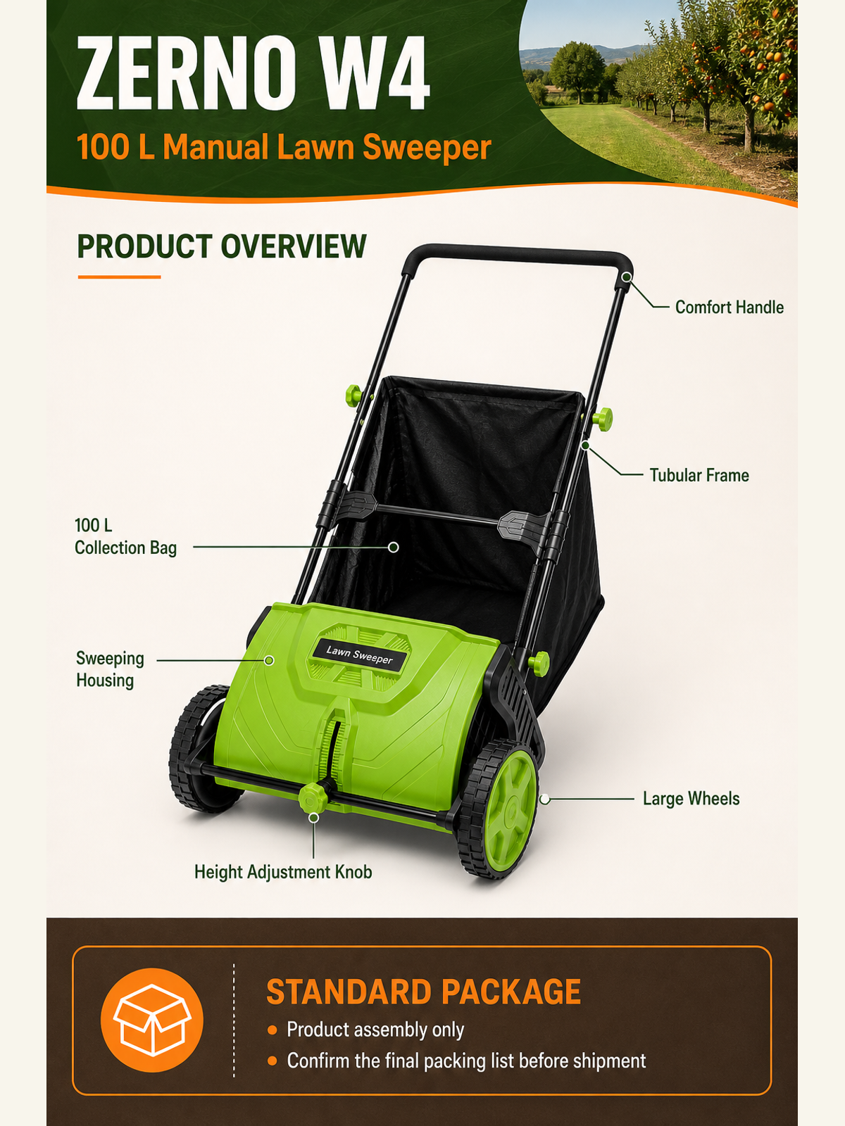ZERNO W4 100L Manual Push Lawn Sweeper