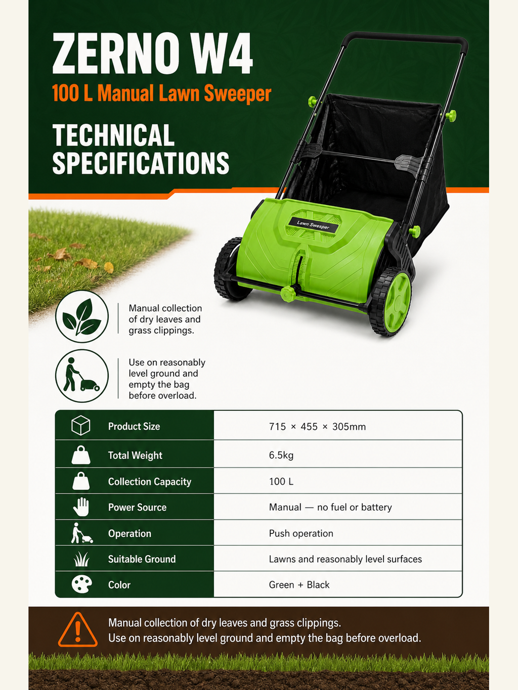 ZERNO W4 100L Manual Push Lawn Sweeper