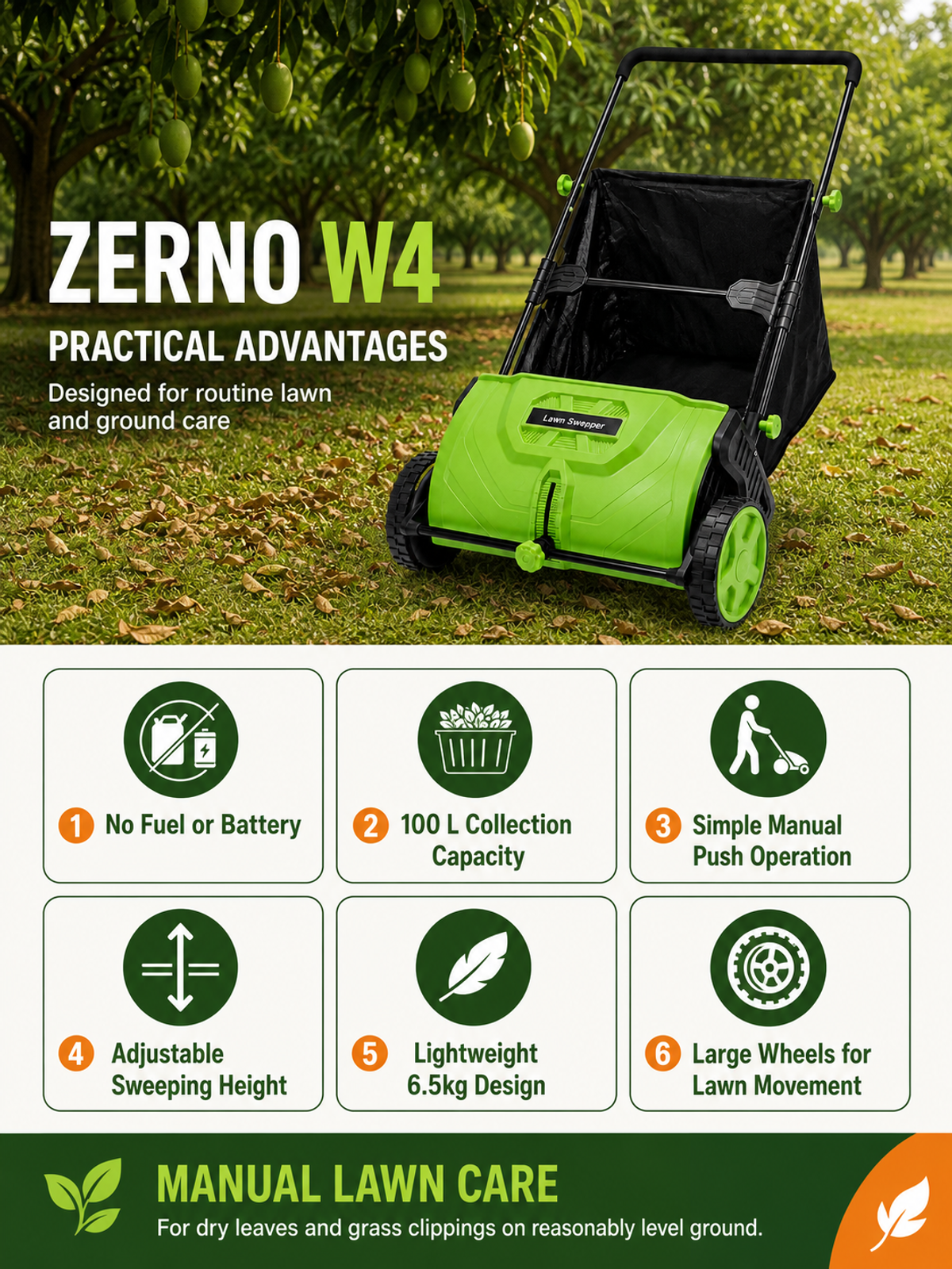 ZERNO W4 100L Manual Push Lawn Sweeper