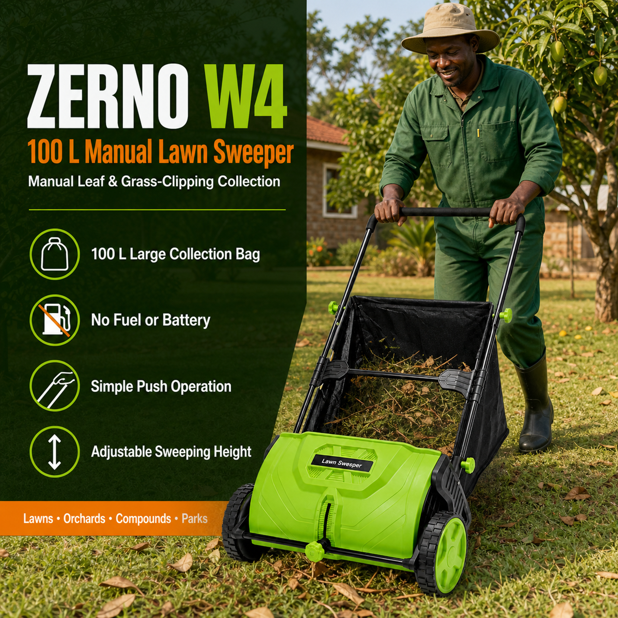ZERNO W4 100L Manual Push Lawn Sweeper