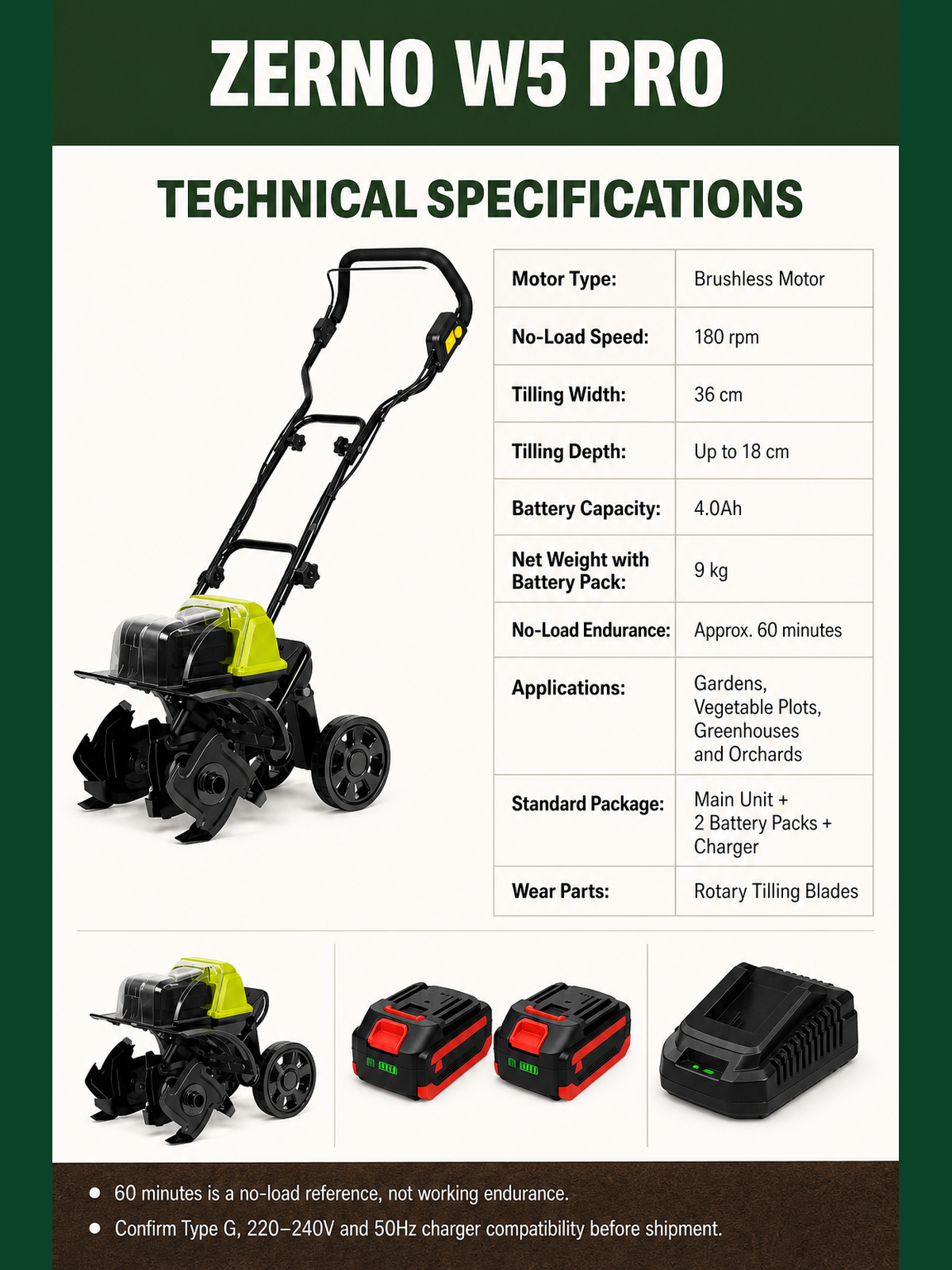 ZERNO W5 Pro 36cm Brushless Push Cultivator
