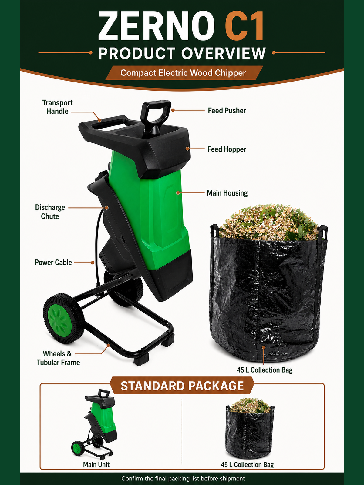 ZERNO C1 2400W Compact Electric Wood Chipper
