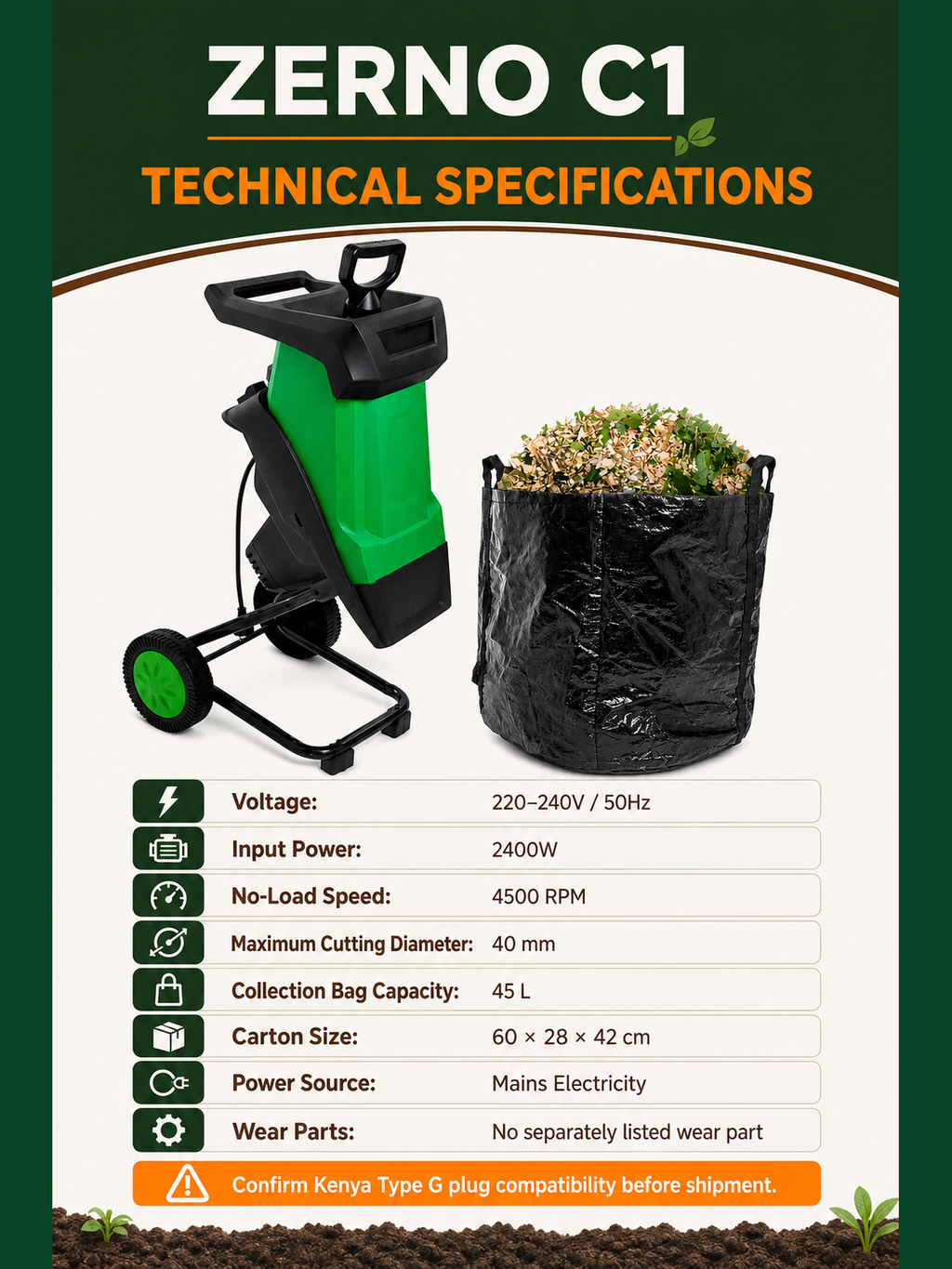 ZERNO C1 2400W Compact Electric Wood Chipper